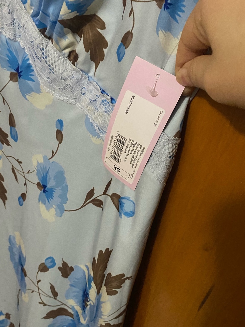 NWT- Satin Light Blue Floral Maxi Dress with Blue & Brown Bloom Print - Picture 5 of 7